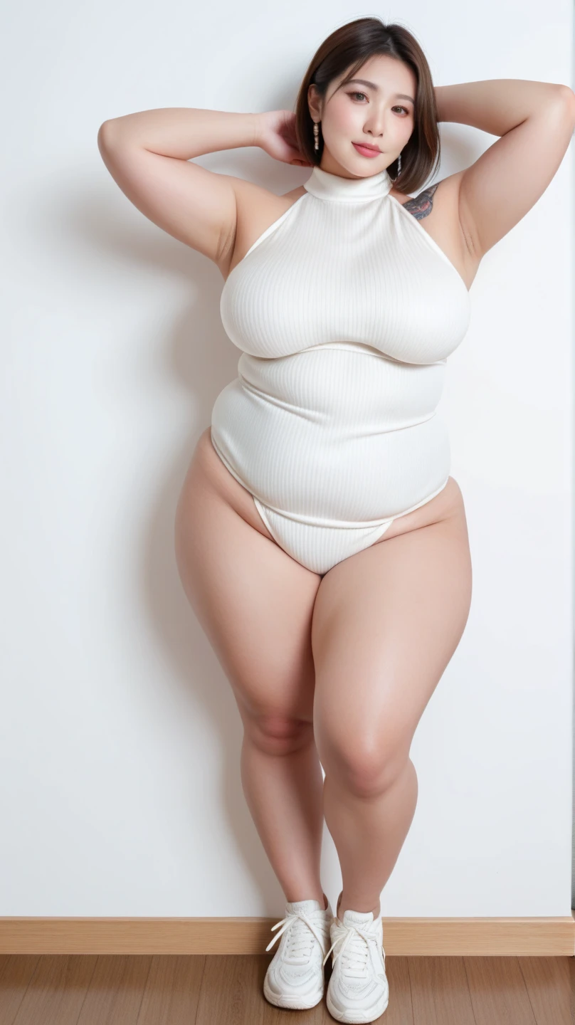 In 8K、Raw photo、Highest quality、Realistic、Photorealistic、Professional Lighting、masterpiece、Very delicate and beautiful chubby woman).A woman standing at the entrance to a hotel room, Waiting for me..セクシーな薄いSwimwearを着て. smile.40 years old. Has large D-cup breasts,Looking Camera,.Swimwear.乳首が透けて見えるSwimwear,Happy face,Almost naked figure