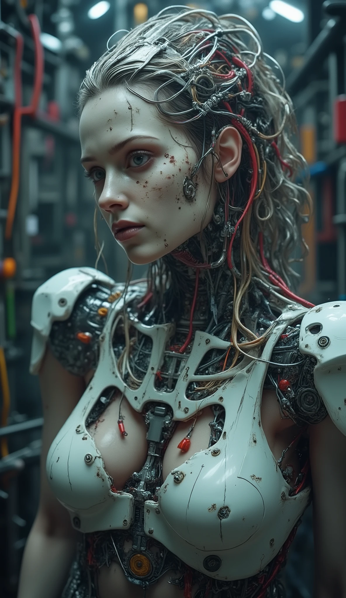 (High Resolution, Masterpiece: 1.2), (Current: 1.37), (Best Quality, High Resolution, Super Detailed, Current), Mesmerizing dark cyber fantasy, Hypnotic and mystical capturing the essence of a fantastic woman, her skin is white and wet, detailed wet skin. sweat on her face. Details of her face, crafted in great detail, revealing every exquisite scale. The atmosphere around her is otherworldly, bathed in a mix of flashes, mist, and shadows. The background completely filled with a twisting plastic matter of varied colors. This portrait shows a close-up of her bust from head to waist, her face is enchanting like a goddess, portraying her as a hypnotic and imposing presence. Her body is a mix of cyborg and woman, parts of her body are made of translucent plastic that lets you see gears and wires underneath. Her breasts are made of flesh and white plastic, large breasts, body completely made of wires, gears and flesh. The most beautiful face in the universe, happy face, sensual face, (NSFW: 1.3) High nose, dreamy eyes. She looks at the viewer with an expression of disdain and decadence. The woman is connected to hundreds of tubes and wires, her hair is made of electrical wires and rubber tubes of various colors, she is a beautiful cyborg