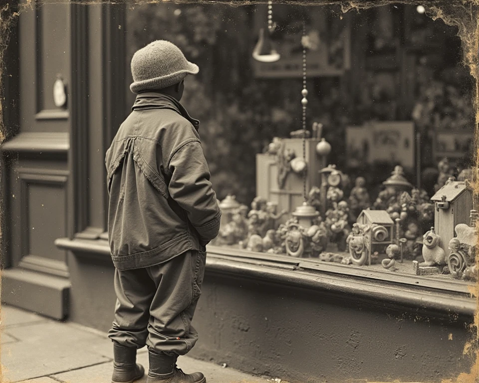 A boy looking into a toy store window, Norman Rockwell's painting style,