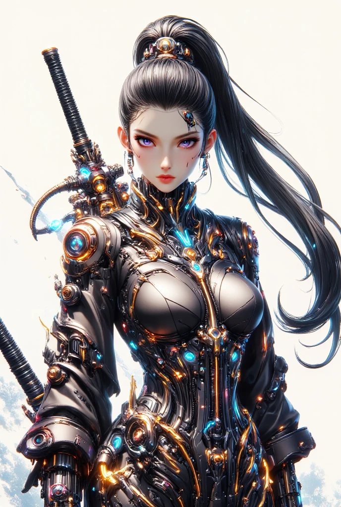 Japanese manga style character sheet of cyberpunk girl, front side and back, full body, white and black background, detailed, intricate
