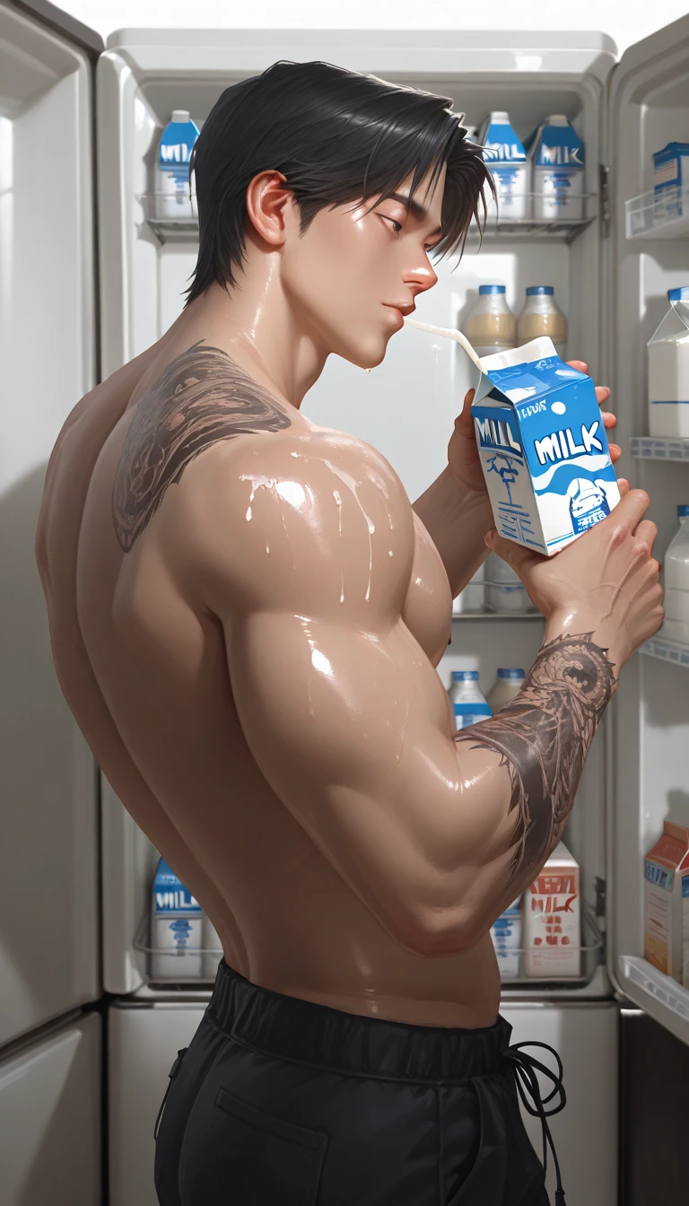140ar old boy, muscular body, six pack abs ,muscular,veined, standing ,handsome ,realistic face ,asian face ,in room,holding milk in glass,nude