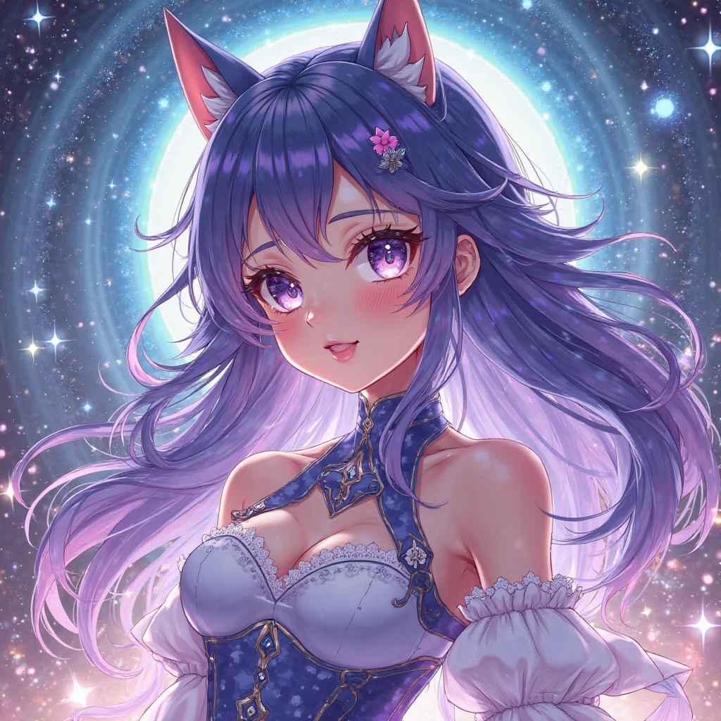 1girl, cat ears, purple cat tail, long hair, bangs, purple hair, gorgeous blue eyes, eyeliner, long lashes, soft smile, collar, black top, breasts, starry background