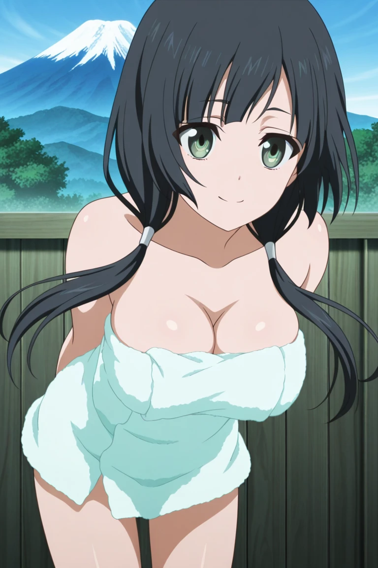 score_9, score_8_up, score_7_up, source_anime, (anime coloring, anime screencap:1.2), flat color, megami magazine, 1990s (style), big breasts, big eyes, 1girl, plunging neckline, kimomo, kunoichi, japanese clothes, black hair, ponytail, purple eyes, outdoors, forest, cowboy shot, dutch angle, looking away, seductive, expression, sleeveless, fundoshi, navel, bent over, sideboob, from side