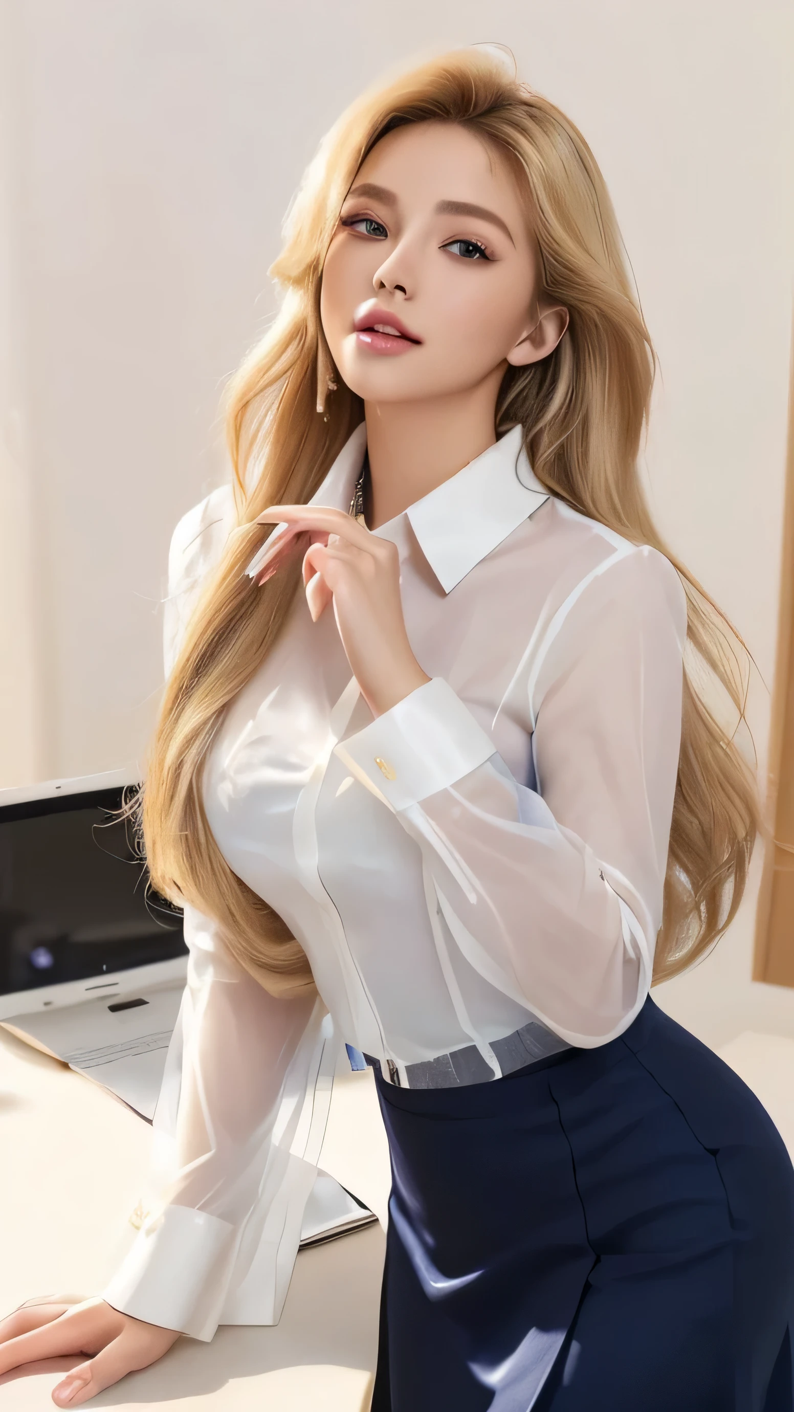 office building Meeting Room、nordic、comb your hair、huge 、beautiful feet、cross earrings、black high heels、eyes are blue、blonde long hair、Black Office Jacket、I can see your chest white Y-shirt red lace bra、gray pants suit、turn your butt Looking back