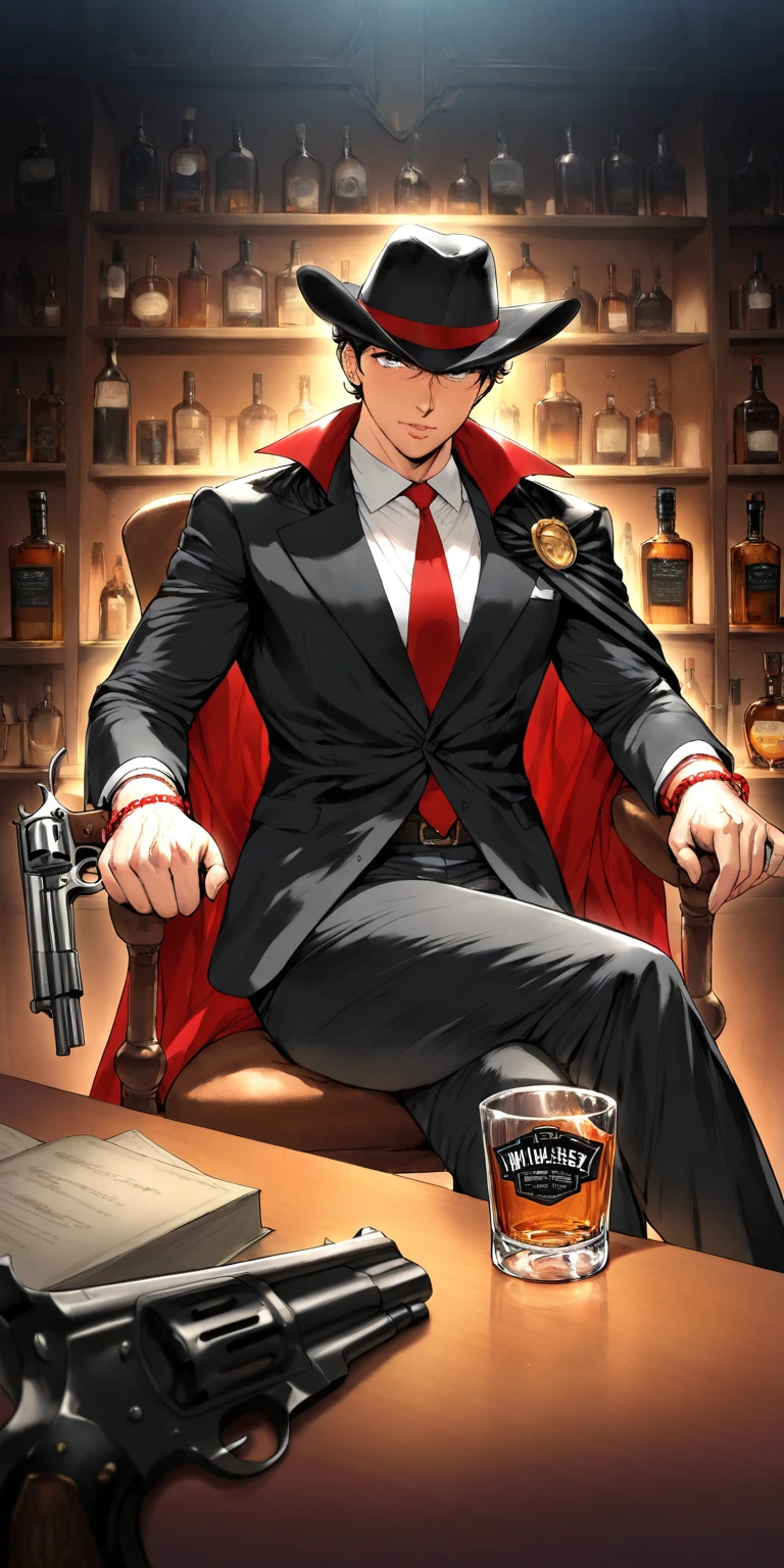 (Artist: boingo), (Artist: laser flip), (Artist: orushibu), vampri dressed in a black suit and ranger cape, with his forearms open, in his black hat and a creased, shirt in his arms, he has many different bracelets, , he sits imposingly in a chair in a bar with a bottle of whiskey in one hand and a red revolver in the other
