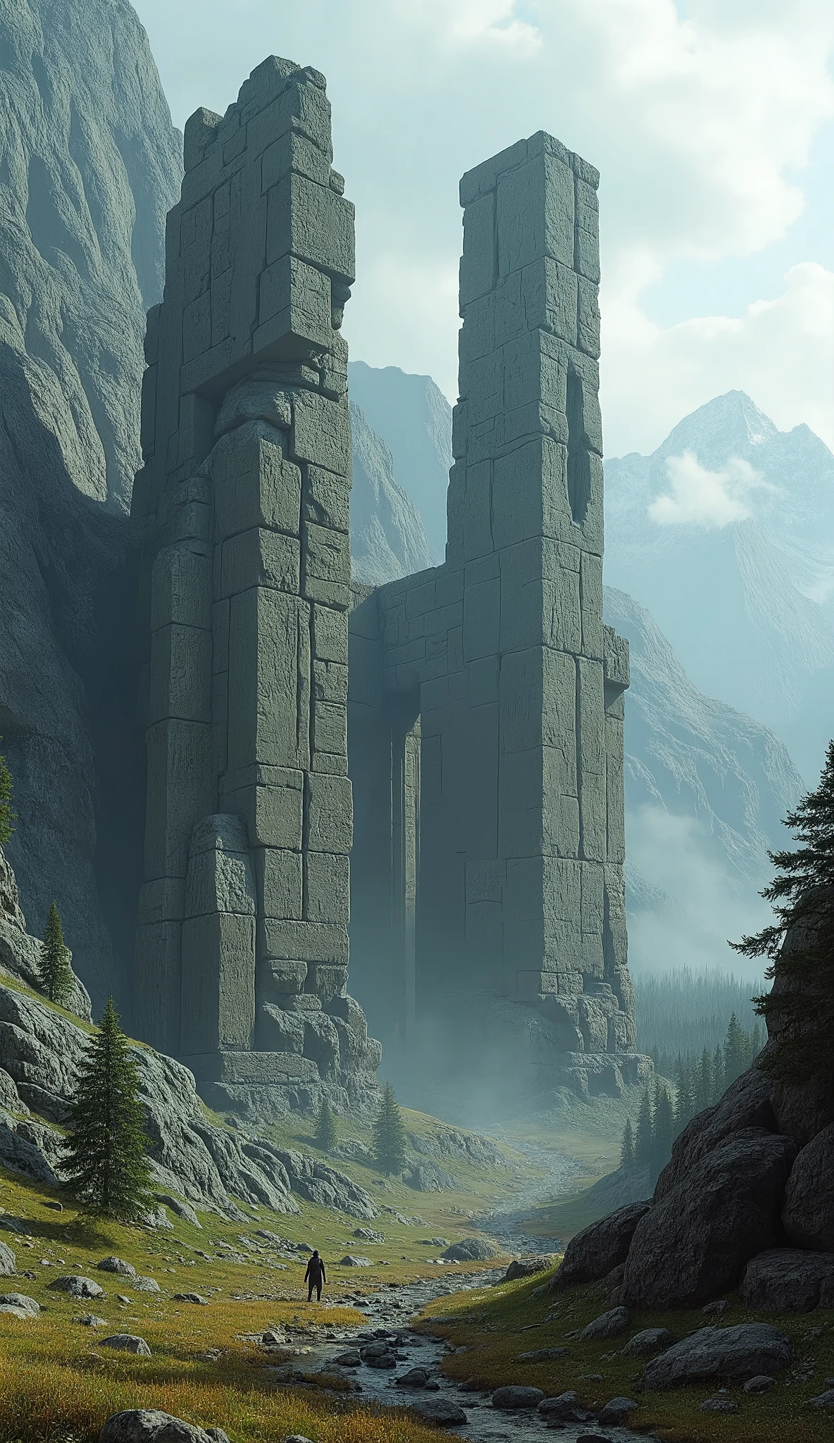 What I'm imagining is、Ruins of Nagorno-Shoria ruins in Russia、ruins made of huge stone combinations、Powerful style with spectacular dramatic expression、megalithic walls 10 times larger than people、Megaliths on the Mountain、PREMIUM QUALITY ENVIRONMENT、Sturdy Stone Framing。