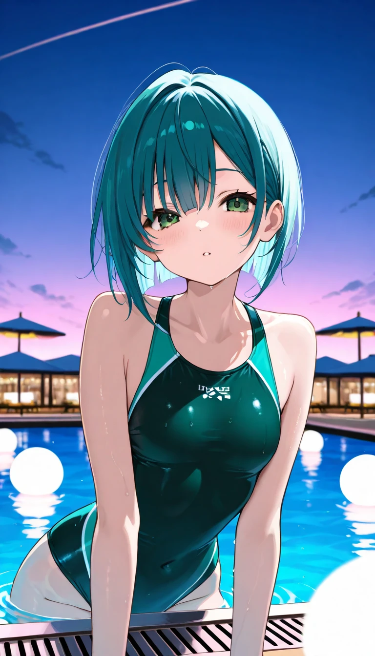 ((masterpiece、top-quality:1.5、a high chroma:1.5、ultra-detailliert、high-resolution illustrations:1.5、Ultra-high-definition CG、8k size wallpaper、offcial art))、((front view:1.8)),(1woman,),(cute face:1.5,cute eyes:1.5)、((face:1.5)),((close to viewer:1.8,face only:1.5)),
(grin:1.3)、(sexy body),((sit ,wariza:1.8)),,(competition swimsuit:1.5),(wet head, face, and body:1.8),(multicolored hair:1.5), (large breasts:1.5),(curvy:1.3)、(Portrait:1.8)
,(Shining aqua eyes:1.2),((sit by the pool at night:1.5)),((breast hold.:1.5)),(()),(upper body)、