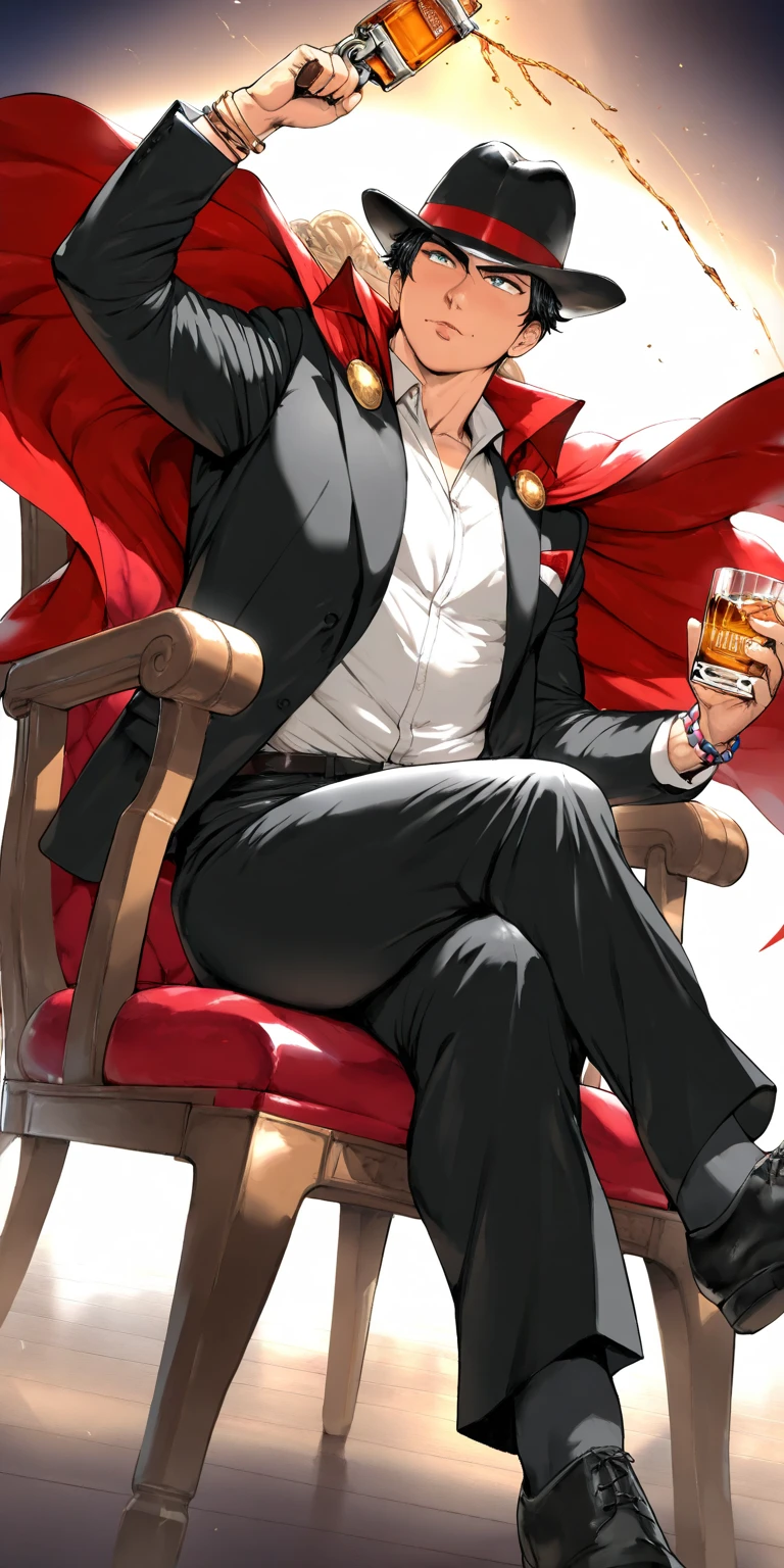 (Artist: boingo), (Artist: laser flip), (Artist: orushibu), vampri dressed in a black suit and ranger cape, with his forearms open, in his black hat and a creased, shirt in his arms, he has many different bracelets, , he sits imposingly in a chair in a bar with a bottle of whiskey in one hand and a red revolver in the other 