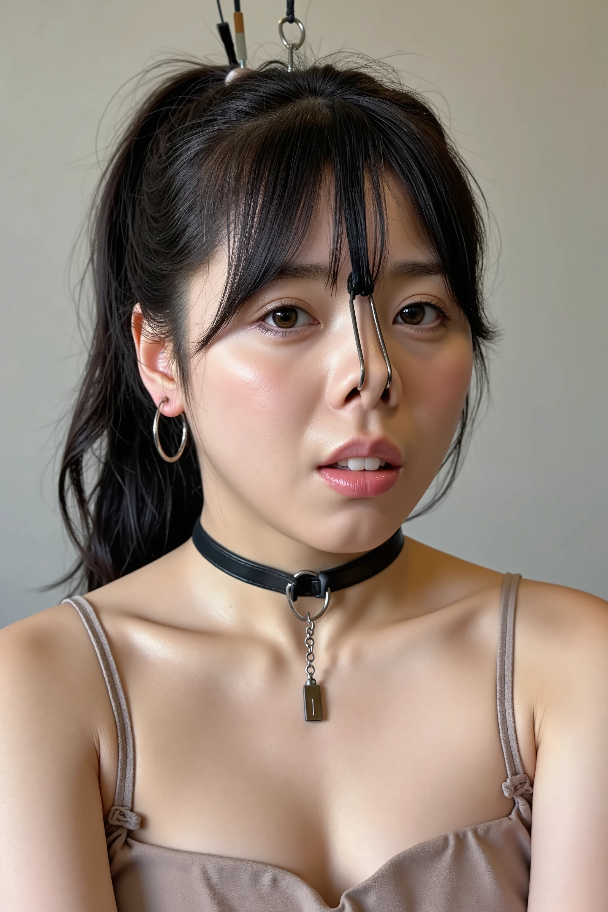 A high resolution photograph of a Japanese adult woman, masterpiece, photo-realistic, natural lighting, film grain, portrait, fashion shoot, solo, 1girl, off-shoulder dress, long ponytail black hair with blunt bangs, hair scrunchie, detailed face, detailed eyes, sophisticated nose, pale skin, fine-textured skin, full smile, pet-collar with a tag, earrings, jewelry, (nose hook with chain wrapped around top of her head, nose hook makes her nose look like a pig nose, hooking in her nostrils:1.5), (portrait, front view, view from below, facing up, chin-up, face focus:1.4), close-up of face, simple background,
