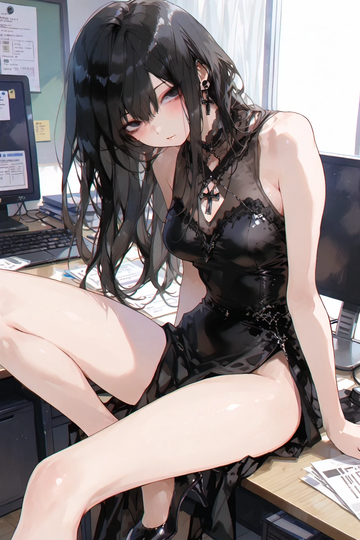 (Highest quality), (masterpiece), 1080P, High resolution, 4K, 8K, ((School Swimsuit)), humid, hot, cold, Passes through the chest, Spread your legs, Lift your legs, constrained具, rock, Sleep on your back, Spread your legs, Open up, Shooting from directly below, Sweat, ((~ side)), ~ sideを見せる, constrained, ((Nipples)), Nipples, Center of chest, whole body, Embarrassed face, Long black hair, Blunt bangs, bracelet, Leather shoes, Platform boots, Karaoke Box, Ribbon on neck, Long sleeve,