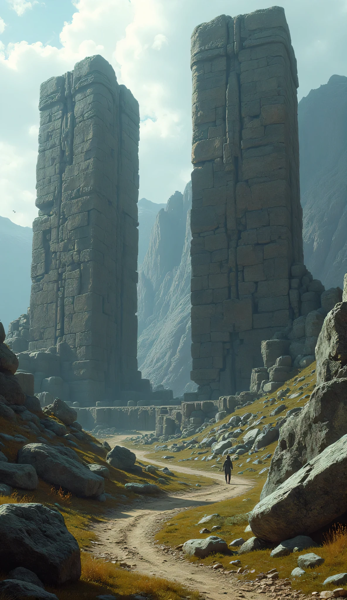 What I'm imagining is、Ruins of Nagorno-Shoria ruins in Russia、ruins made of huge stone combinations、Powerful style with spectacular dramatic expression、megalithic walls 10 times larger than people、Megaliths on the Mountain、PREMIUM QUALITY ENVIRONMENT、Sturdy Stone Framing。