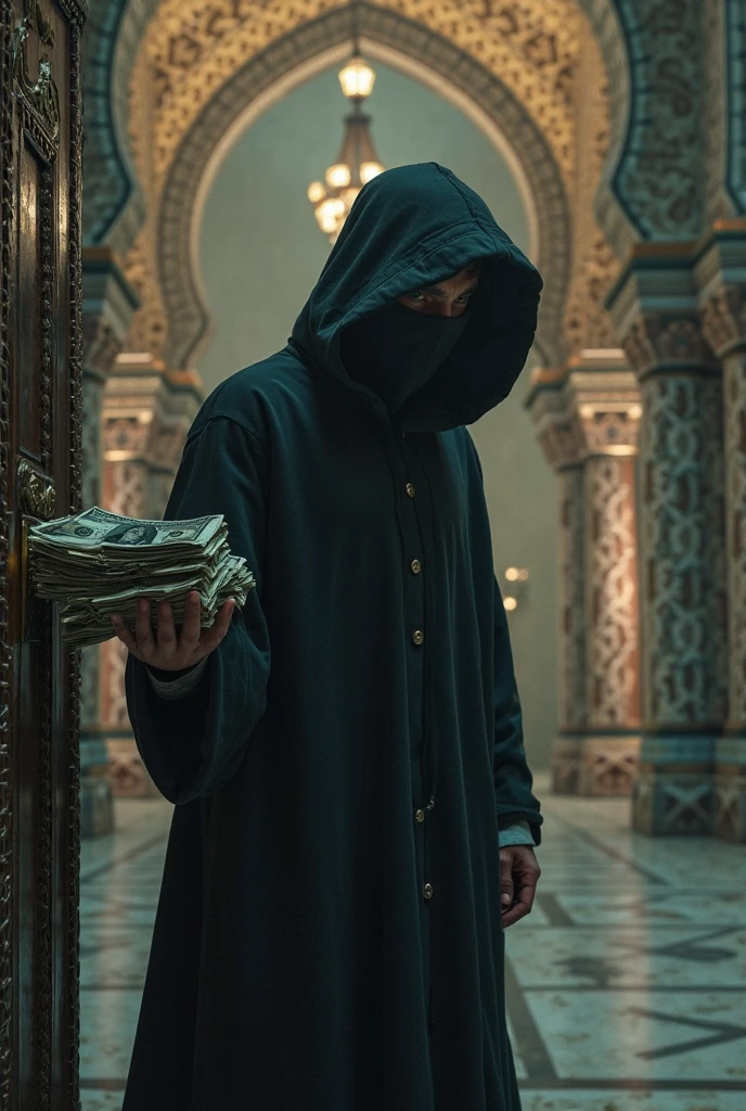 Ninja in dark suit with a weed leaf on his head holding a Pandora&#39;s box 