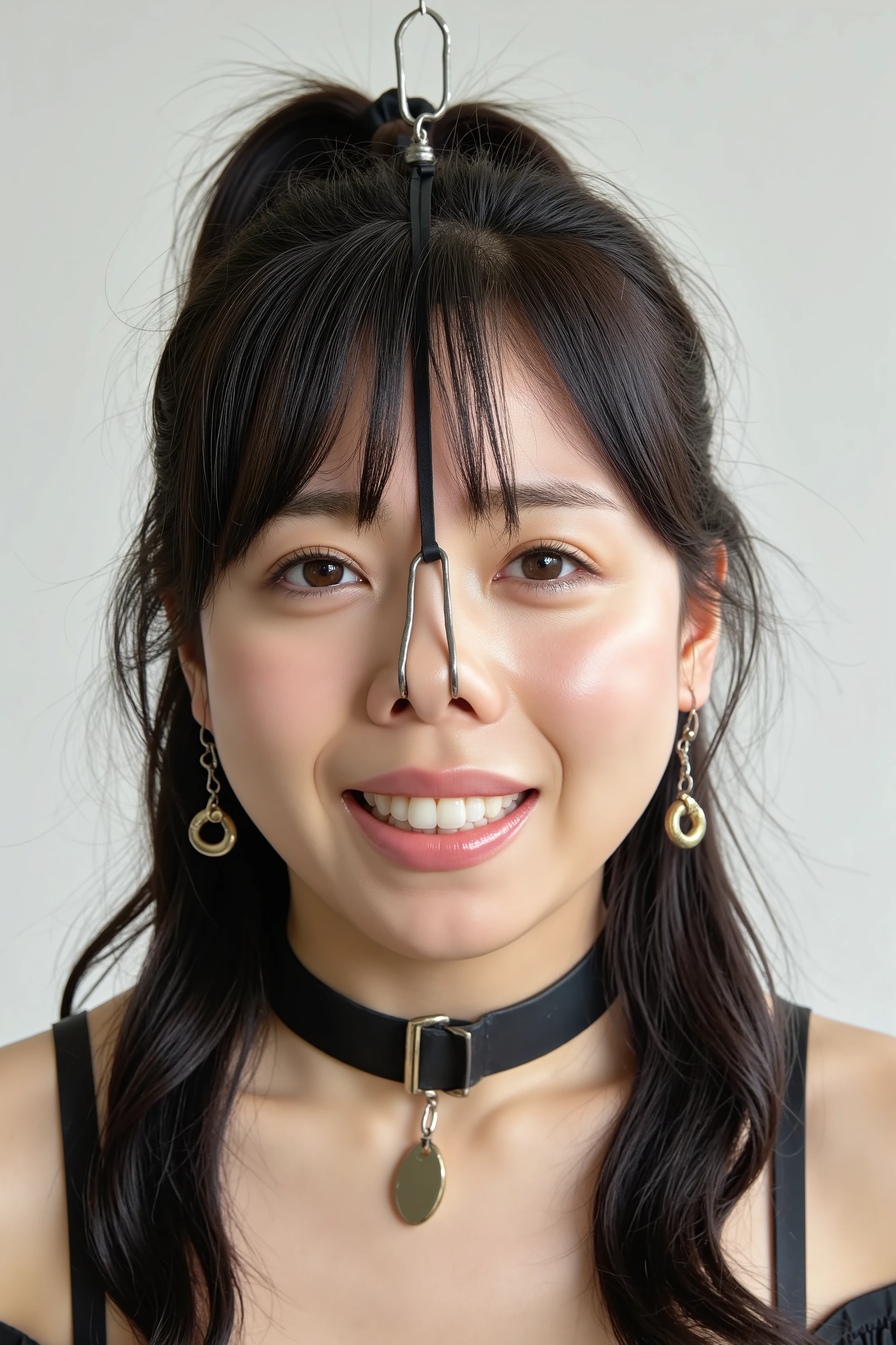 A high resolution photograph of a Japanese adult woman, masterpiece, photo-realistic, natural lighting, film grain, portrait, fashion shoot, solo, 1girl, off-shoulder dress, long ponytail black hair with blunt bangs, hair scrunchie, detailed face, detailed eyes, sophisticated nose, pale skin, fine-textured skin, full smile, pet-collar with a tag, earrings, jewelry, (nose hook with chain wrapped around top of her head, nose hook makes her nose look like a pig nose, hooking in her nostrils:1.5), (portrait, front view, view from below, facing up, chin-up, face focus:1.4), close-up of face, simple background,