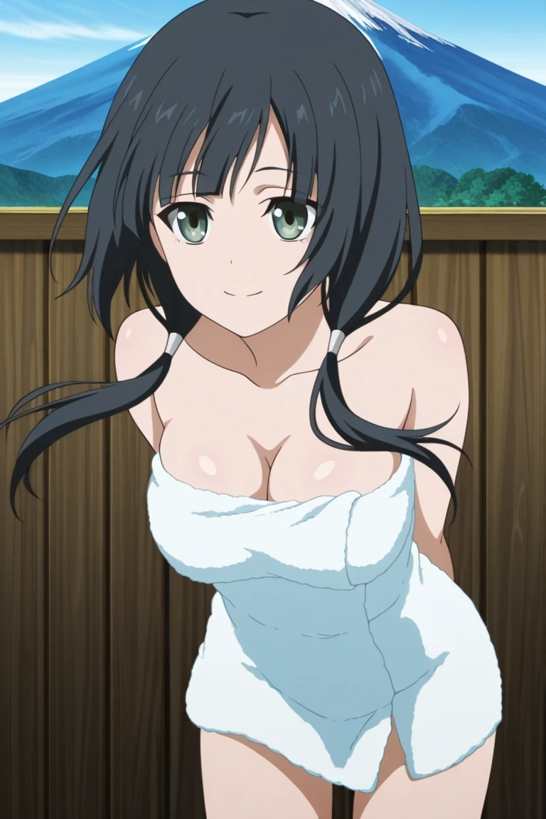 (masutepiece, Best Quality, High resolution, anime colours, megami magazine:1.2, anime poster style, anime keyvisual, sharp, 8k, photorealistic), (beautiful eyes:1.5, beautiful face), Kotegawa Yui, 1girl, solo, Cute, (Long Black Hair), (sagging large breasts:1.8), (loose camisole, no bra), (cleavage:1.5), (cowboy shot), (Perfect detailed Anatomy, beautiful detailed hair, perfect detailed body:1.2, shiny skin), (thick outline, Beautiful outlines, black outlines), simple background,