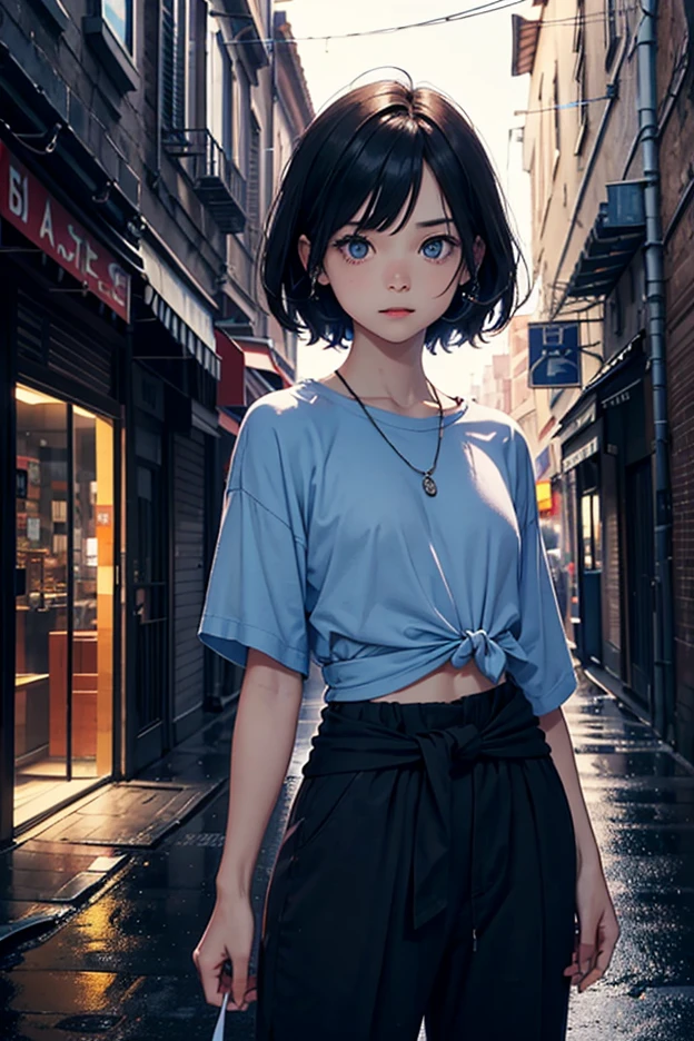 1girl, short black hair, blue eyes, wearing plain white shirt, denim shorts, city, absurdres, high res, ultrasharp, 8K, masterpiece, looking at viewer