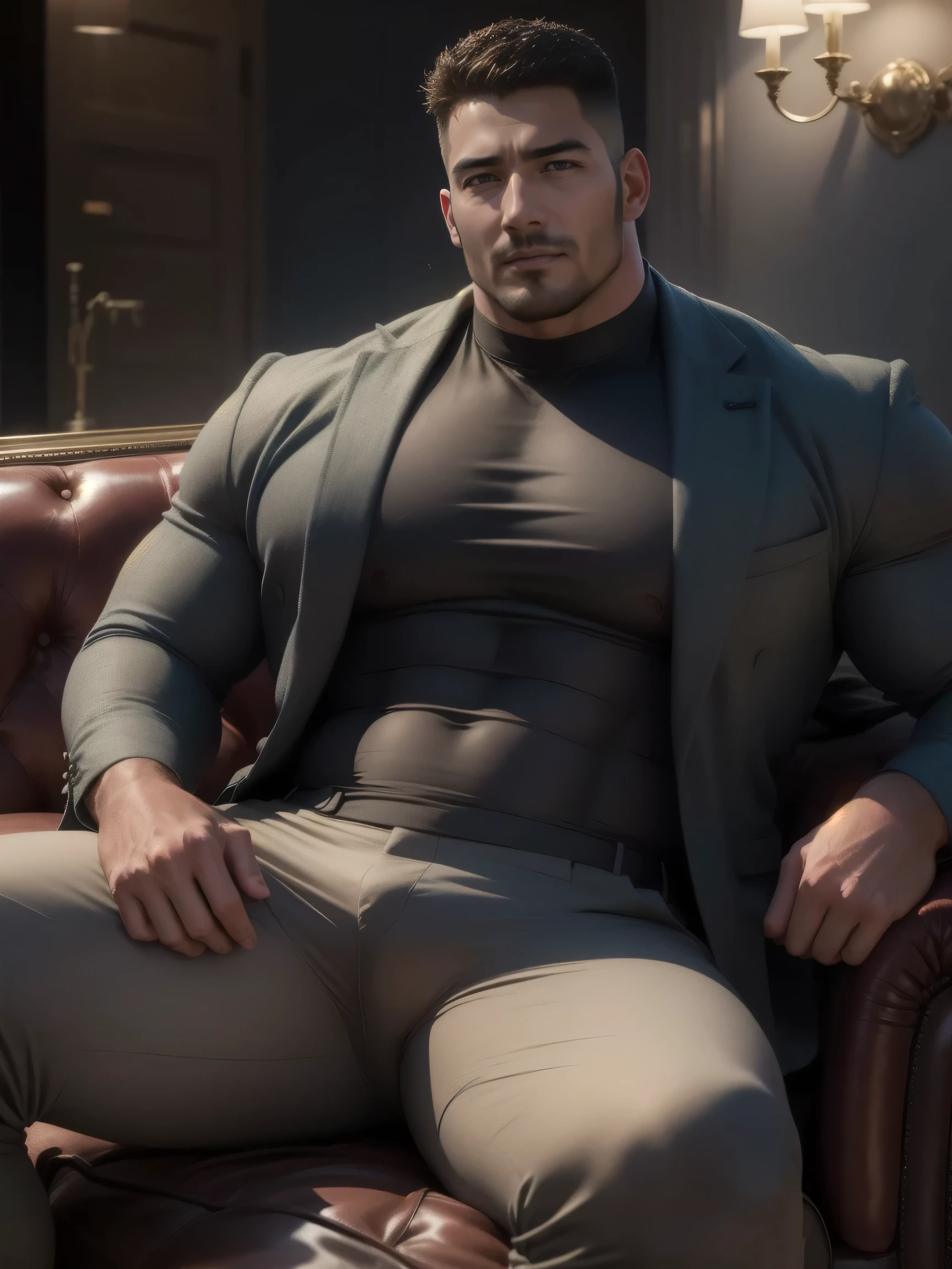 1个张嘴呻吟的muscular男人在睡躺在高档奢华柔软的沙发椅里面, The overall color of the room is brown,Noble and elegant atmosphere,The body sank deep into the sofa chair, VERY STRONG ,Wolf Cut,exquisite perfect facial features ,Sleeping on an upscale luxury sofa, He is wearing a high-class luxury business suit jacket, and wears high neck, long sleeve, tight t-shirt with gray modal fabric texture, his mouth was an O shape,The expression is very enjoyable , Slightly head-on, American round inch , thick thighs , Very tight, Regular symmetrical pattern, big goalslight muscles, high end western pants , character concept (Chris Redfield) proud expression, deep and charming eyes, Heroic male pose , tall Burly, muscular! muscular thighs, Tough Guy, perfect facial features , big goals, Burly, Heqiang, Super exquisite and cool, big goals Resolution Committee, Extraordinary Charm , Comfortable and soft interior
