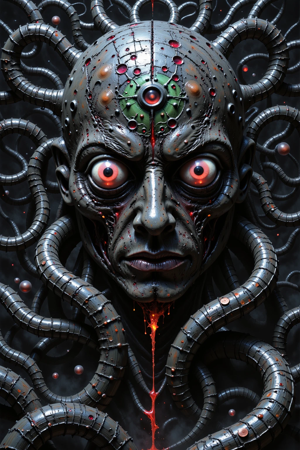 motherboard, Giger, biological organs connected to the bottom by tubes and cables, toma frontal, rococo