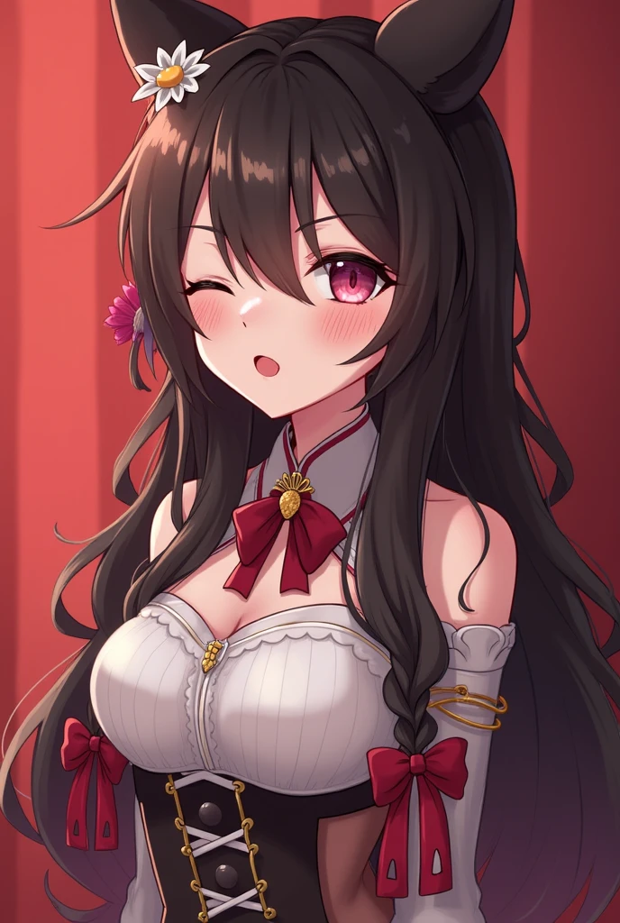 <lora:YunYunV2:1>, Yewnyewn, 1girl, solo, solo_focus, bangs, between_breasts, black_hair, blush, bow, braid, crown_braid, hair_bow, hair_ornament, large_breasts, long_hair, looking_at_viewer, necktie, pink_necktie, pink_skirt, red_eyes, ribbon, side-tie, beautiful eyes, detailed face, (detailed skin:1.2), detailed soft lips, upper_body,