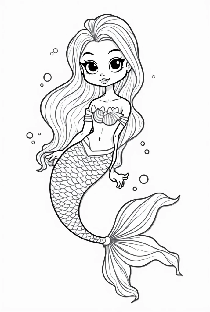 create a Mermaids character with smiling face, outline art With white, White background, Sketch Style, full body, Only use outline, Cartoon style, Clean and clear and well outlined, Ensure the Mermaids has smooth And inviting appearance, And keep the design Minimalistic For easy coloring. The goal is To make it appealing And approachable For children aged 2 to 5 In the middle of their Artistic journey, Made it black and white