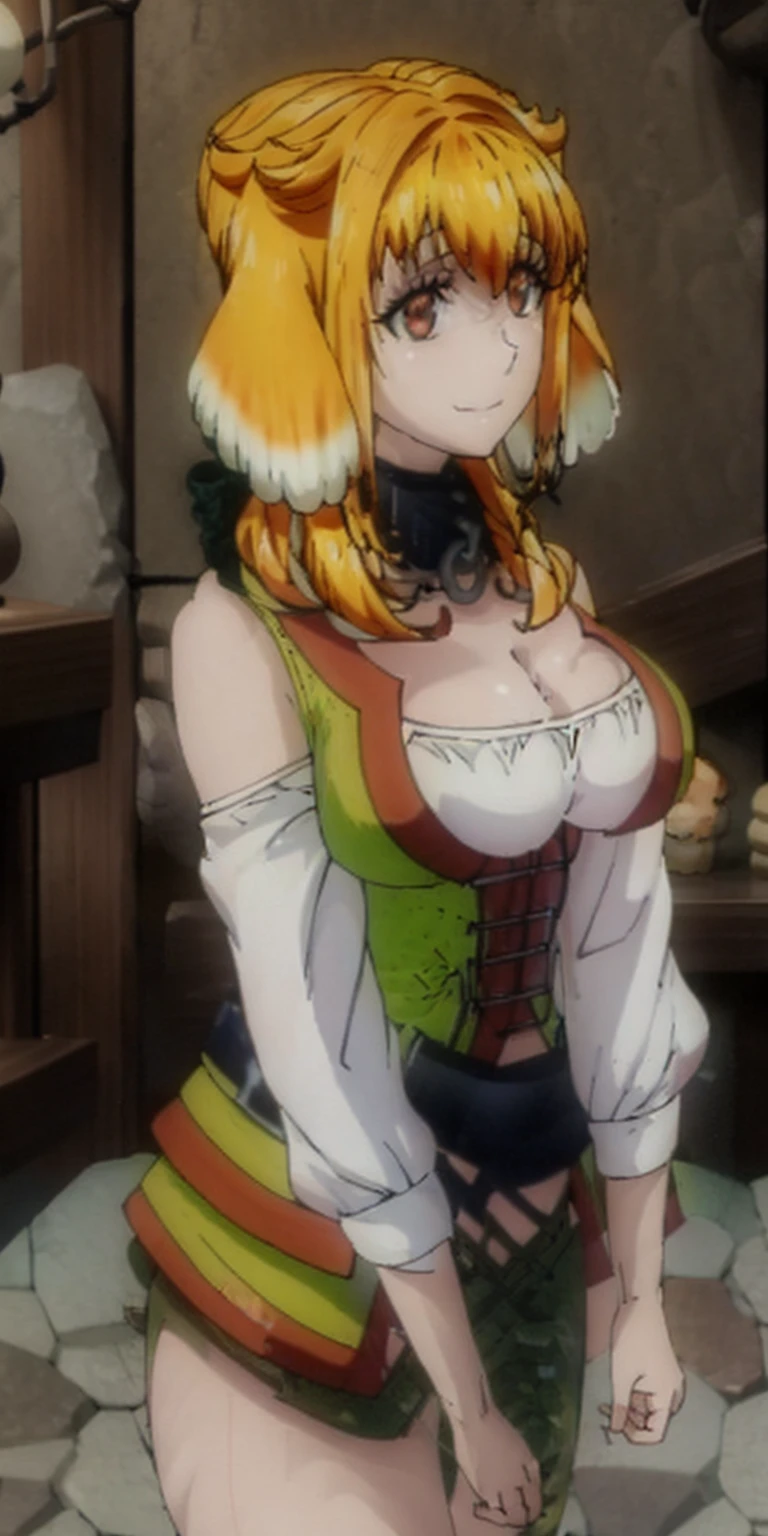 masterpiece, best quality, Roxanne AND Lianna, hair ornament, circlet, cape, armored dress, elbow gloves, blue skirt, thigh boots, garter belts, sitting, from side, hands on own lap, from above, smile, looking at viewer, closed mouth, gold eyes, yellow eyes, no visible ears, no ears, fluffy dog tail, medieval architecture, castle, garden