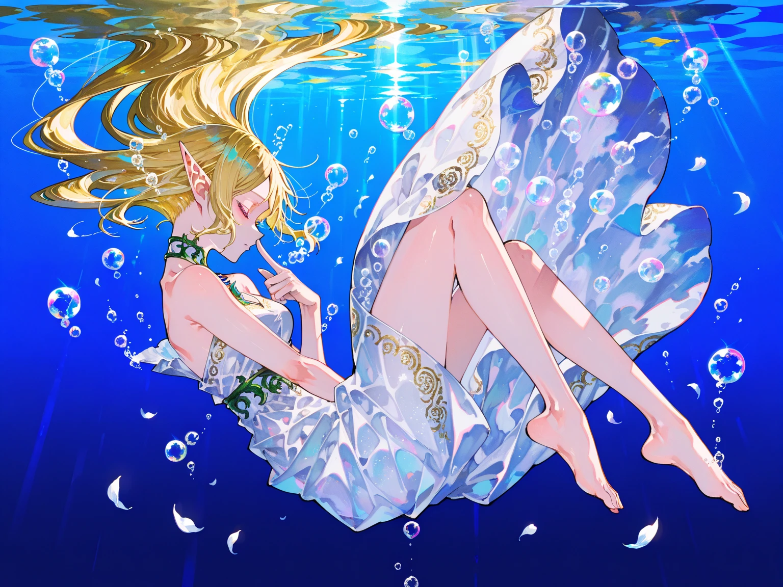 (masterpiece), (Best Quality), (Ultra-detailed), (((Anatomically correct))),(((loli))), ((Moe)), ((kawaii)),
(Young little Princess of the High Elves:1.2),
(Long golden hair blowing in the wind:1.2),
(An older sister holds her younger sister in her arms),
(underwater), (in a cave filled with water), (Ceiling made of a single rock),
(((Jump and dance))), (Look away), (Look up),
(Translucent leotard in bright green with gold embroidery:1.5),
(Pale pink translucent cloak:1.2),
(Hair ornament made of ivy:1.2),
(brooch made of flowers and leaves:1.2),
(white see-through Knee-socks with garter belt:1.2),(They are barefoot),(long gloves:1.2), (earrings:1.2),
(The girls endure with troubled expressions, eyes and mouths closed:1.2),
A lot of small bubbles, depth of fields, Dutch Angle, god rays, (((Full body))), ((Looking up from side))