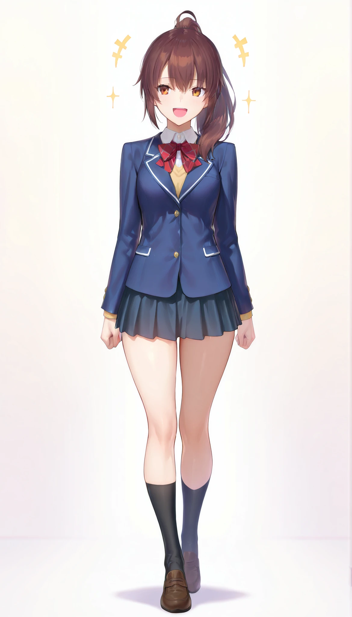 (masterpiece), (best quality), (ultra detailed), (8K), solo, Full body, facing directly forward, standing straight with arms relaxed at sides, Boyish, outgoing anime girl with long brown ponytail, in a school uniform with jacket and skirt, knee-high socks, laughing, orange-tinted brown eyes, white background.