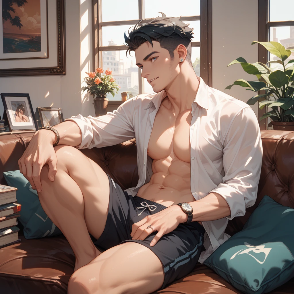 ((Best quality)), ((masterpiece)), (detailed), ((perfect face)), ((halfbody)) handsome face, male, teen boy, perfect proportions , a character from webtoon the liar and his lover, brown short hair, male version , detailed workshop background, detailed scenery background , no shirt, Shirtless, Abs, muscles, pectoral muscles, defined abs, thin muscular, no pants, blushing, penis, erect penis, dick, cock, erect cock, hot, cum, nude, no clothing,