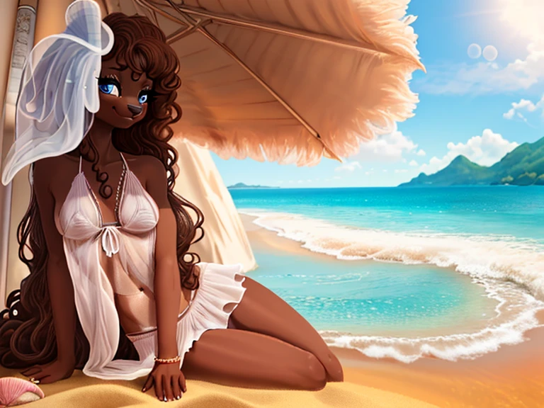 beach girl, dark skin, summer stawhat, curly hair, hair flowers, big body, bikini skirt