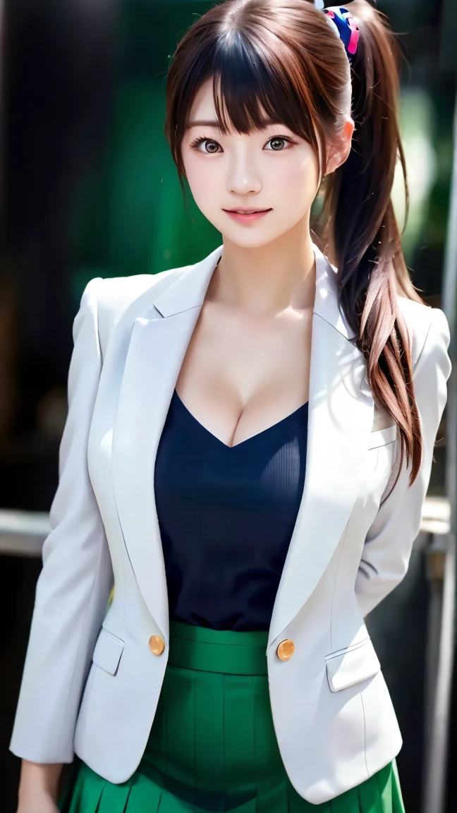 (very cute girl) ,(, korean ), (raw photo:1.2), (photorealistic:1.4), very detailed eyes and face, beautiful detailed eyes, huge file size, super detailed, high resolution, very detailed, masterpiece,unified, 8k wallpaper, amazing, Fine details, masterpiece, best quality, , light on face, cinematic lighting, 1girl, ((large breasts:1.4)), (underboob: 1.2),((1girl gorgeous brown long hair), (((saggy breasts))),(((business uniform, white blazer, very short skirt,)))), (((white clothes)))