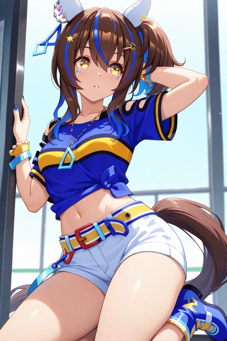 Cut it out \(umamusume\), ((Highly detailed eyes)), (((bikini))), masterpiece, Highest quality, (abnormal body, Small breasts, Horse tail,smile, (indoor, office, living room), whole body, frontage, Long ponytail, (panties), (bra), (In underwear), (Flashy underwear), (lingerie), 