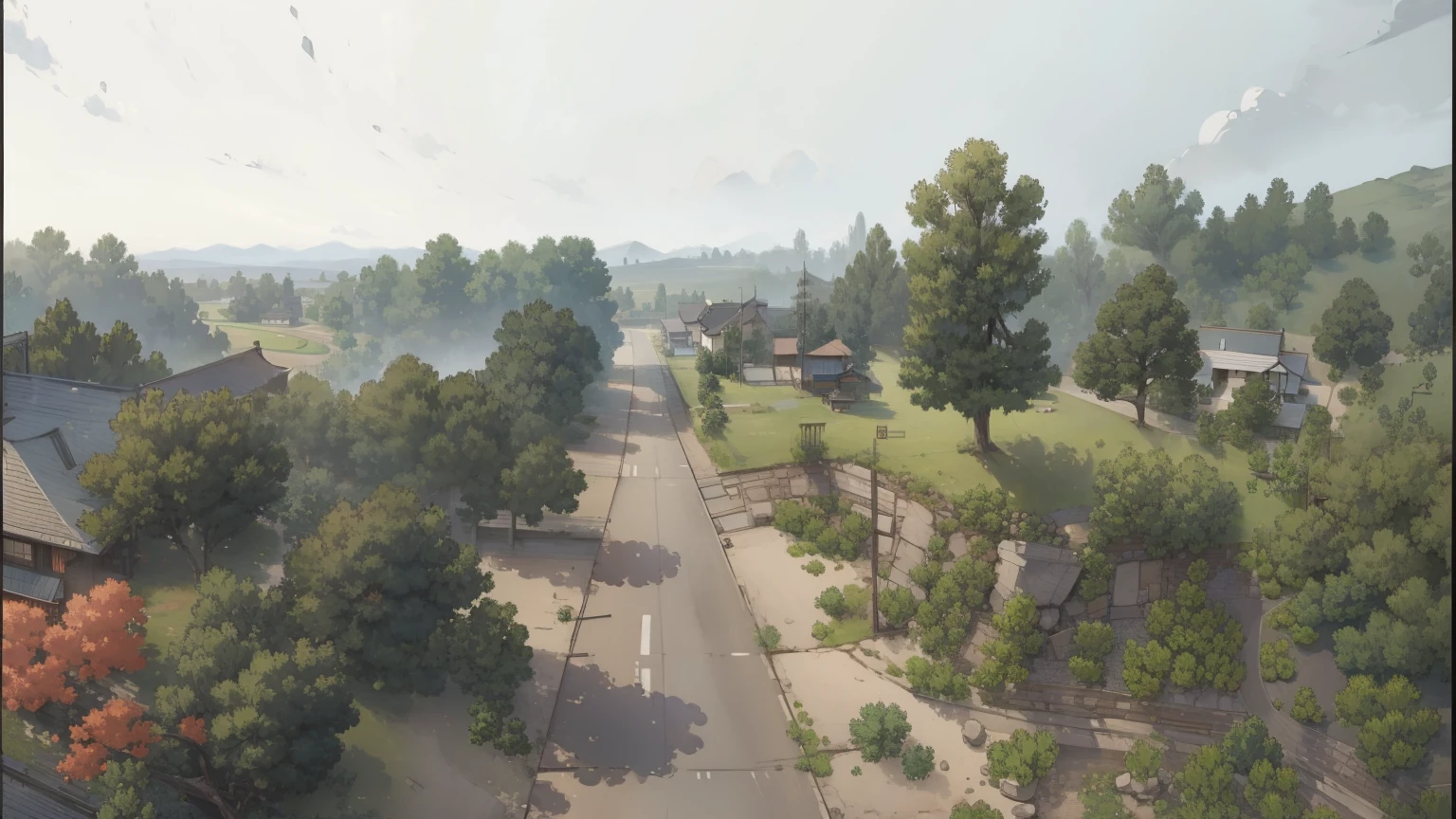 map style, Asian style, nice color, generate from original image, houses, details, trees, roads, view from image, roads from original image, fields