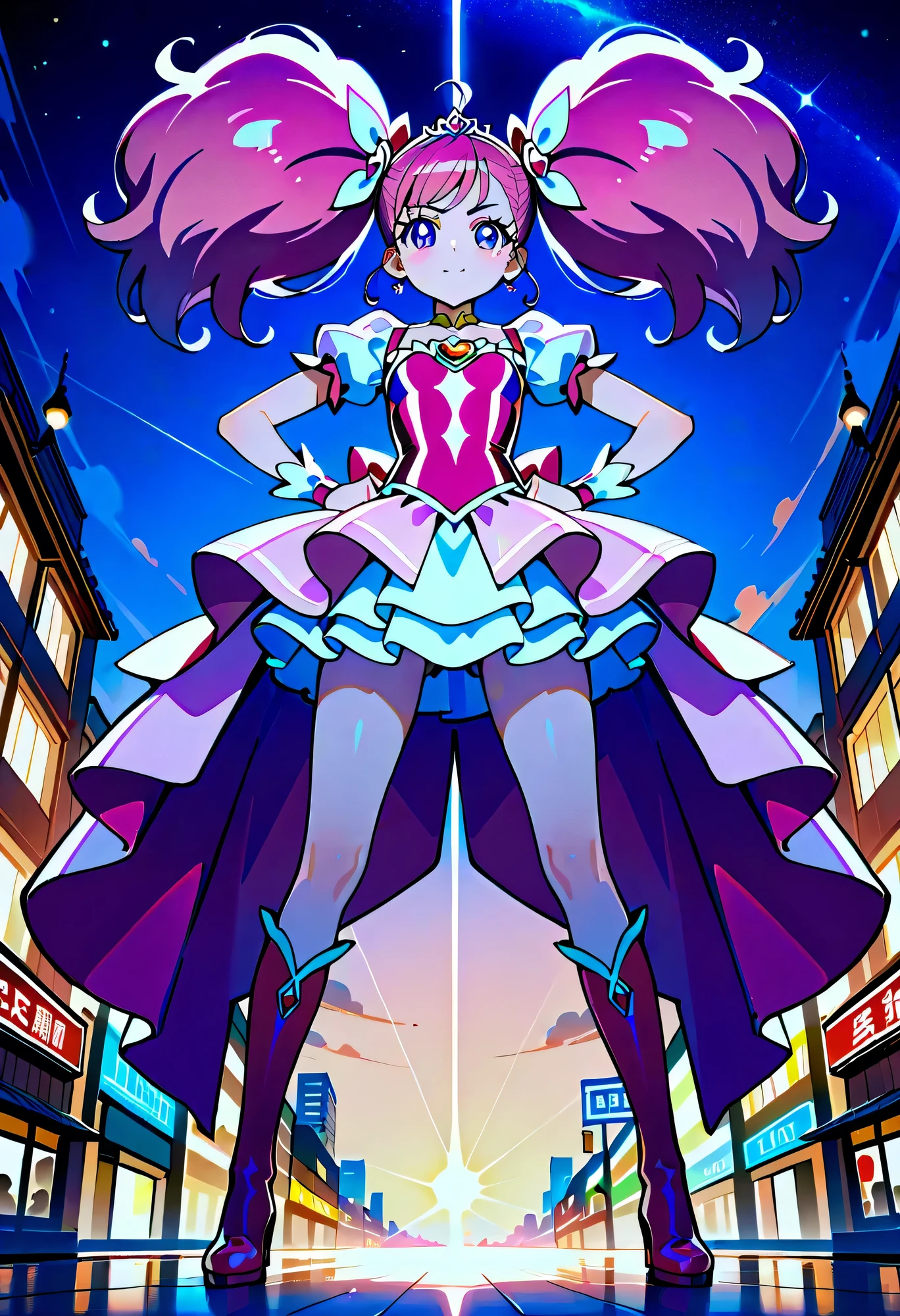 masterpiece, detailed background,A team of magical girls in dazzling, colorful Precure-inspired costumes battling in a futuristic night city, glowing skyscrapers in the background, neon lights reflecting on wet streets, magical energy swirling around them, each girl striking a unique pose with dramatic expressions, powerful light beams and spark effects, anime style, high detail, cinematic lighting with strong contrasts, dynamic angles, starry sky above, action-packed atmosphere