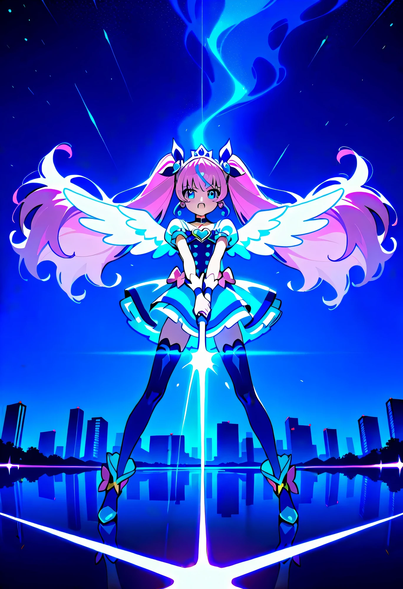 masterpiece, detailed background,A team of magical girls in dazzling, colorful Precure-inspired costumes battling in a futuristic night city, glowing skyscrapers in the background, neon lights reflecting on wet streets, magical energy swirling around them, each girl striking a unique pose with dramatic expressions, powerful light beams and spark effects, anime style, high detail, cinematic lighting with strong contrasts, dynamic angles, starry sky above, action-packed atmosphere