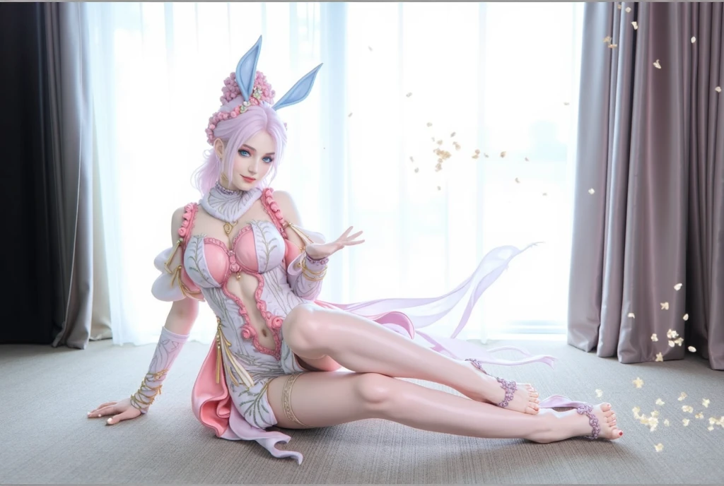 (Best Quality, 8K, Masterpiece, HDR, Soft Lighting, Picture Perfect, Realistic, Vivid), Bunny Girl (1.0), Bunny Girl with Pink Hair and Sexy Skimpy Clothes, pink bodysuit with glitter texture, Beautiful anime fantasy, Very beautiful and cute bunny girl, rain of pink flower petals, background blur, anime fantasy, work in Gouves style, realistic: 1.37, top view, lying in pink flowers, horizontal view, (Ultra High Quality Fantasy Art), Masterpiece, Female Model, Ultra High Quality Female Character Designs, Detailed 8k Anime Art, Realistic Anime Art, Highest Quality Wallpapers, Intricate Ultra High Quality Accurate Female Characters Faces, High Quality Designs and Accurate Physics (Fantasy- ultra-high quality art), dark fantasy style), masterpieces, super high quality characters, anime resolution - 8K, realistic anime art, wallpapers with the highest quality illustrations, ultra-high facial detail, high-quality design and accurate physics), color, depth of field, shadows, ray tracing, high quality workmanship. -high-quality computer wallpapers and 8K resolution, (Accurate simulation of the interaction of light and materials)], [High-quality hair detail [More about beautiful and shiny white hair]], (Beautifully detailed hands [perfect fingers [Perfect nails]]]]]], (perfect anatomy (perfect proportions)))) [[Full-length]], [Perfect combination of colors (Accurate imitation of the interaction of light and material)], [art that conveys the meaning of history]