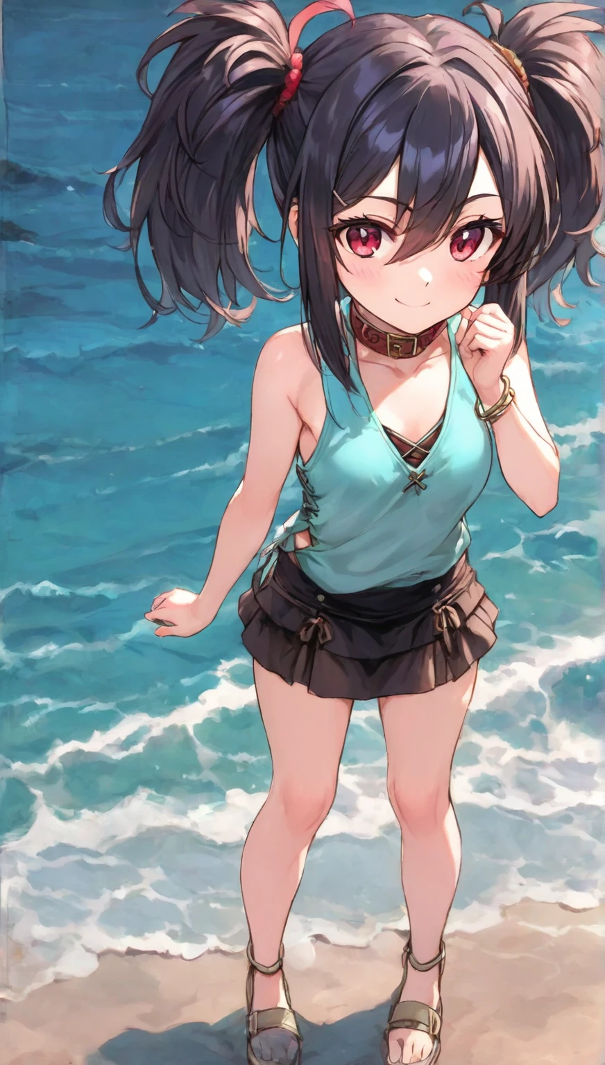 （（（​masterpiece））、（（（beste-Qualit））、（（extremely delicate and beautiful））、（Highly detailed CG Unity 8K wallpapers：1.3）、very delicate light、（Back lighting）、（steampunc）、

/=、
(((cowboy body))、(1loli:1.3)、独奏、(小柄)、(small tits)、red swim wear、High Waist Shorts、Vermilion hair、red eyes、耳环、(Wavy Curly Shorthair)、(Ahoge)、(Cute face:1.114)、(finely eye:1.15)、(cute  face:1.114)
、（Beautiful fine eyes and beautiful face：1.15）、
Girl with a smile、Look happy in a beautiful tropical landscape。Behind her the sun went down、Bring a warm glow to the scene、It creates a dreamy atmosphere。In the distance、Palm trees swaying in the breeze、sand beach、suns、the beach、the ocean、Horizon, etc.、It creates a laid-back retro atmosphere。

Highly detailed ray tracing