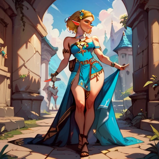 linkxl,short blonde hair,pointy ears,Blue eyes, Link ,blue thong ,pelvic curtain,looking at the viewer,
session,Open mouth , temple of time ,inside,teeth,Alone,standing,full body,smiling, femboy