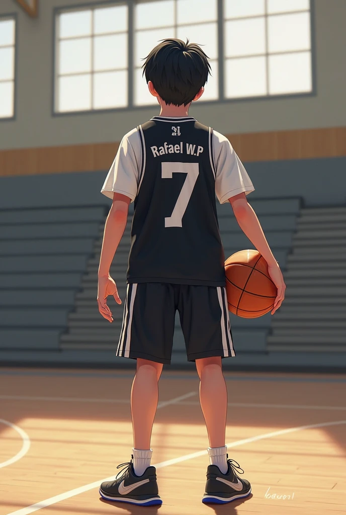 Generates a photo of a boy,70 on a basketball court , obviously of (backs) that number 12 goes away and that he says Neto as his name , apart from that he has black hair and some sneakers , that he has a basketball and a basketball uniform as well , The young man is white and is standing on the court