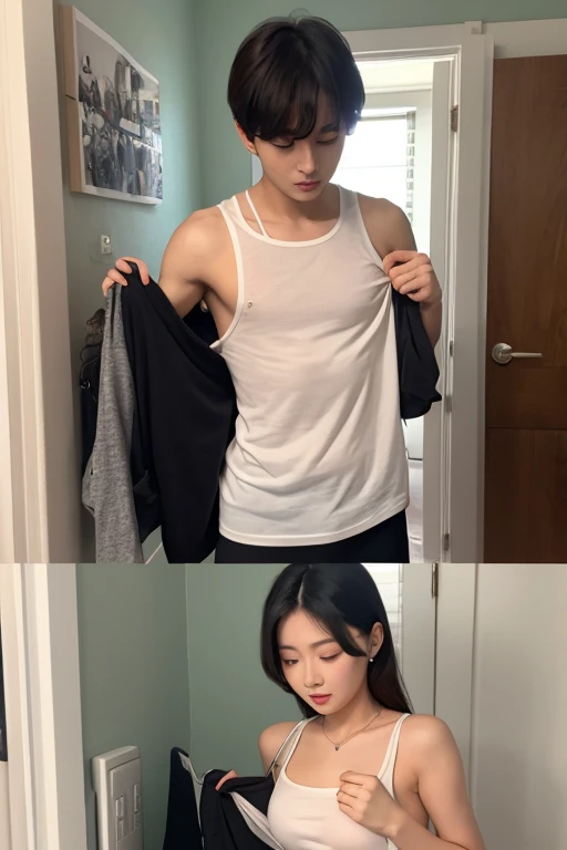 Handsome Chinese man, white skin. Full body, sexy white underwear, see-through underwear, big body, standing next to another guy.