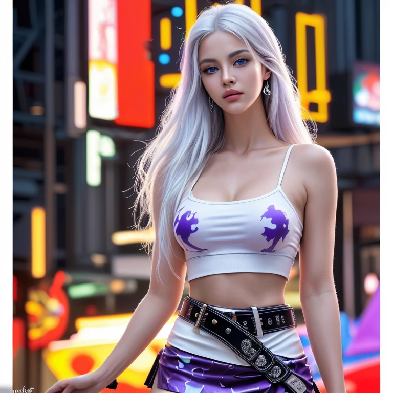 (masterpiece:1.3), ultra detailed, ultra high res, (realistic, photo realistic:1.37), 8k high detail RAW color photo, professional photography, White balance, ((Hyperrealism:1.2)), (depth of field), (focus sharpness:1.2), (1 European hot girl, 20 years old), with a perfect body, (perfect proportions), (((anatomically correct))), accurate textured shiny skin, (extremely beautiful face, beautiful lips, beautiful eyes), intricate detail face, ((ultra detailed oily skin)), (((makeup:1.4), [[pink lipstick]], eyeliner)), ((Ultra quality, natural, fluffy random color, long hair, ((asymmetric hair, extremely detailed)), Whitens skin, shiny skin, slim face, beautiful cheekbones, (slim belly: 1.2), (narrow waist:1.3), (slim well-muscled body:1.3), ((large full breasts:1.5)), ((earrings, silver, necklace, bracelets, valuables), ((Sports style)), (((Bright, flowing clothes in bright colors))), ((croped tiny tight tanktop light colored, very Short skirt)), ((Vivid, Active, Vibrant)), ((Panties)), ((Thigh-revealing)), fishnet,(Erotic:1.6), (((Short skirt that wraps around the hips))), On the street