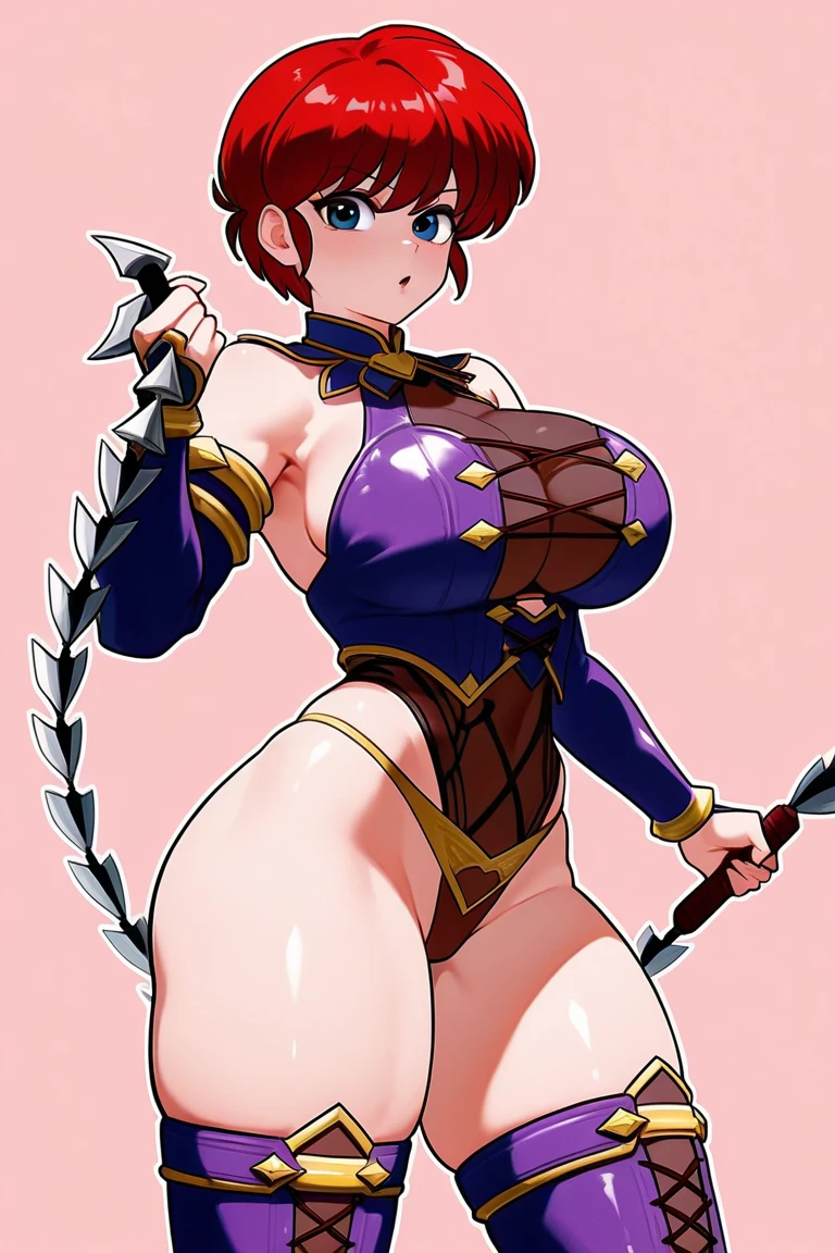 full body, a woman standing in fighting pose, holding axe on hilt, smiling, beautiful eyes, beautiful girl, high detail skin, high detail eyes, high detail hair, highres, ultra detailed, sharpen picture, Highly detailed, masterpiece, best quality, photorealistic, <lora:HyangriYoungji2LoRA:1> 1girl, short hair, choker, pink leotard, white corset, white gloves, black and white boots, axe