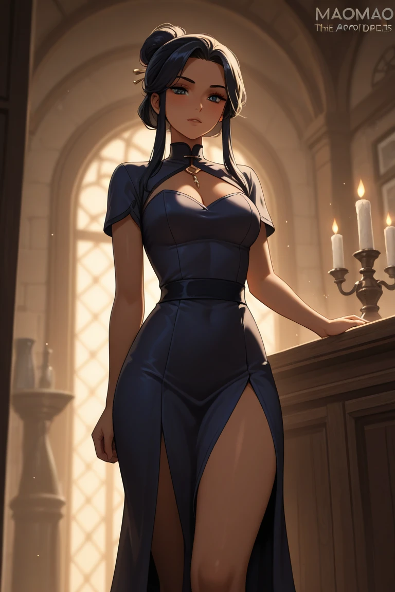 (best quality, highres, detailed, sharp focus, masterpiece, bewitching, radiant:1.4), (utopian south america, latin, tan:1), (1girl, woman, serious face:1.1), (easygoing jester, wearing jester costume:1), (sparkling_eyes:1), (two-tone_hair, long_hair, split_ponytail:1), (slender body:1), (close to ugly lounge:1.1),