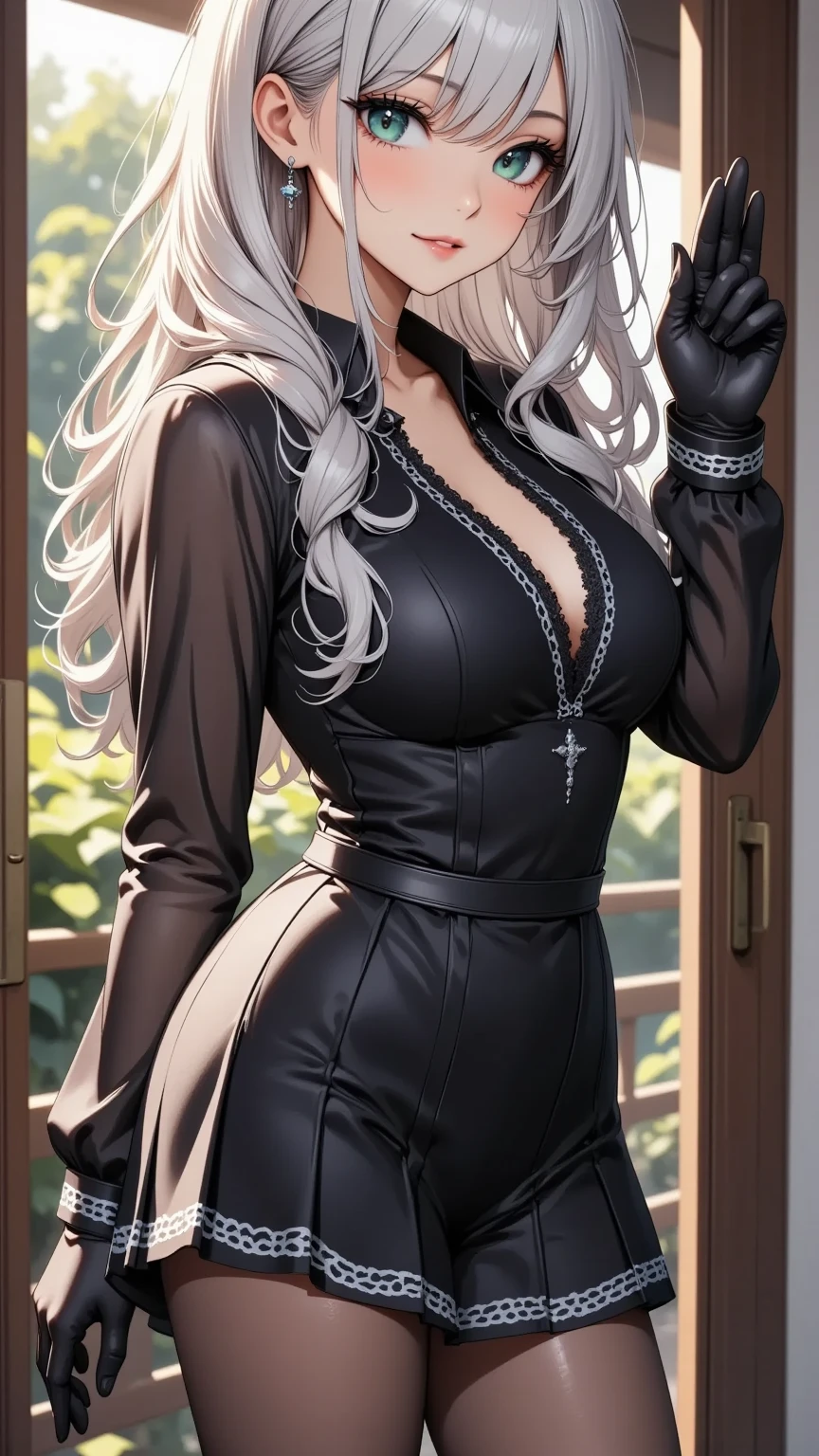 Green hair, 1girl, expresionless, long hairBest quality，masterpiece，a high resolution，Adult female, 1girl, Mafia member, sitting on throne, legs crossed, visible breasts apart, visible collarbone, holding cane, visible cane, lipstick, white hair, long hair, yellow eyes, black coat, long pant, thighs, black pant,