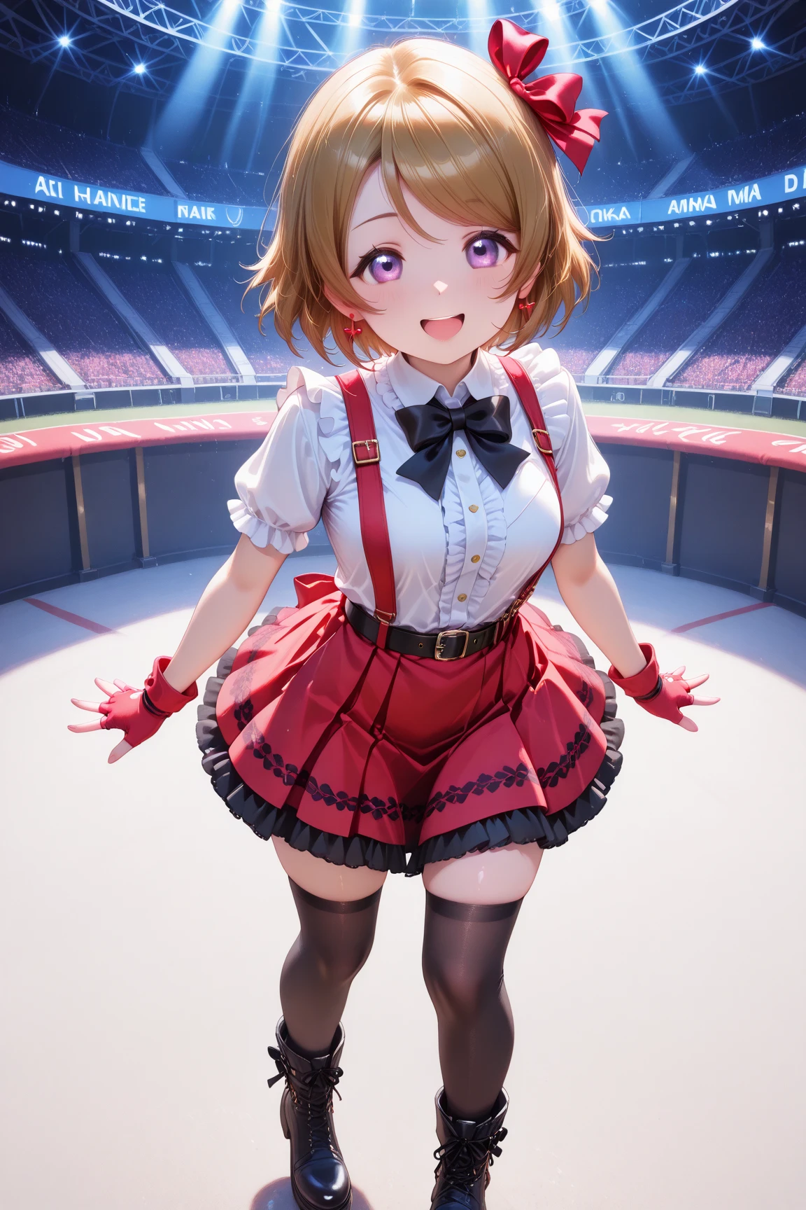 1girl solo hoshizora rin orange hair yellow eyes short hair,nsfw,,9years old,shirt lift,smile,studio,idol costume,mini skirt,panty / upskirt,crowd,skirt lift,show off nipple,cum on body / bukkake,Photo session with fans,taken by a fan