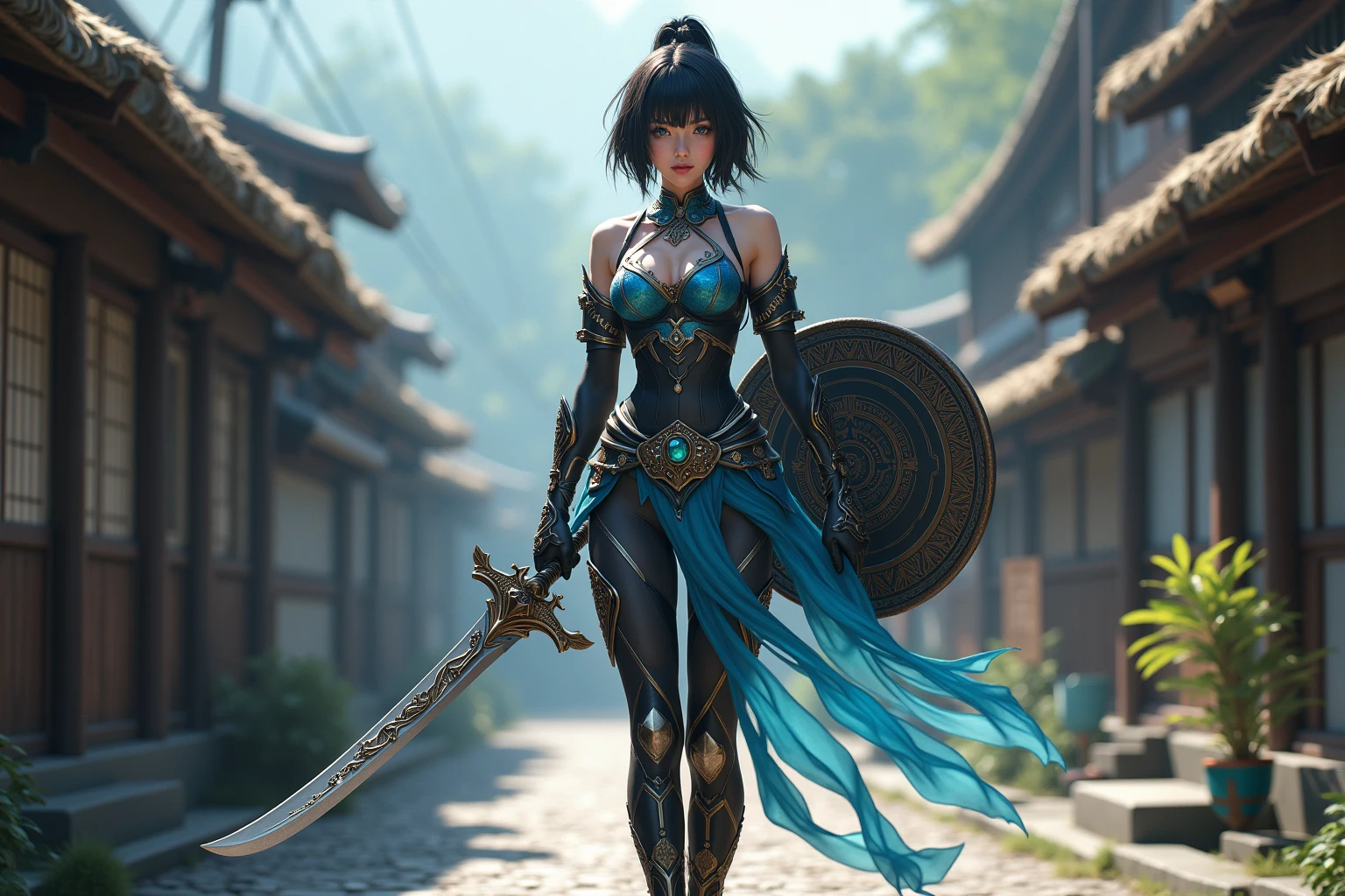((Highest quality)),(Ultra-high resolution),(Super detailed),(Detailed Description),((The best CG)),(masterpiece),Highly detailed art,(Art with precise detail:1.5), (Female Swordsman:1.7),(Belted bodysuit:1.7,Matte Black:1.3),(Spiked Boots:1.3),(Breast Armor:1.3), ((Emerging Sanskrit characters:1.7)), crystallization, Floating Prism