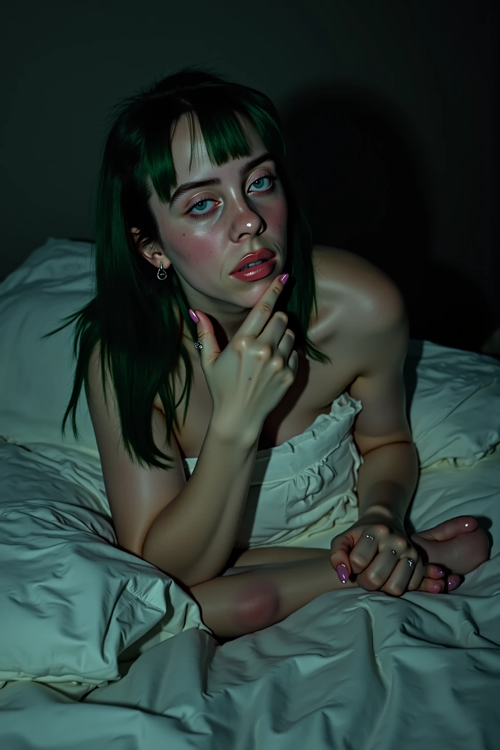 girl with green hair lies on man&#39;s stomach, Ultra-realistic, Alt subculture girl, sexy girl with curvy hips, pretty haircut
