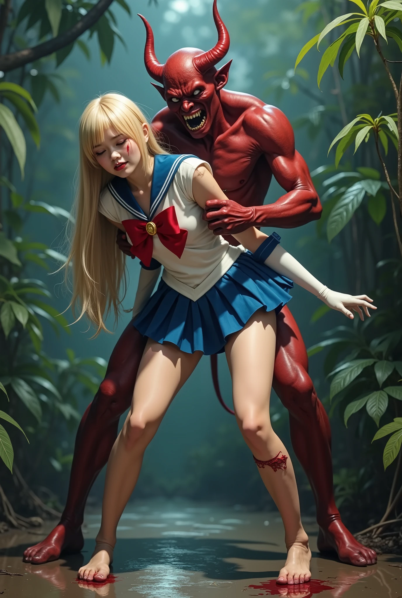 Hyperrealism, masterpiece, highest quality, A young Japanese woman is bending down and hugging from behind by a devil, ((she is crying and screaming in pain)), a bit of blood on her inner thighs, tears from her eyes, painful face, she is wearing a Sailor Moon costume, Blue sailor collar, Blue short mini pleated skirt, she is wearing a very short blue mini pleated skirt, (upskirt:1.8), Long white gloves, shiny beige color pantyhose, Exposed thighs, red long boots, big choker, long blonde Hair, a devil is standing sexual assault her from behind, the devil is hugging her tightly and push his private part into her skirt, her clothes are torn off, in the jungle,