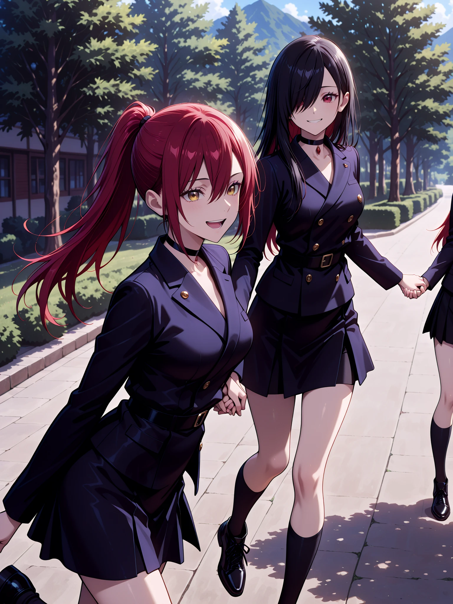 masterpiece, best quality, amazing quality, absurdres, safe, cinematic, cinematic view, professional photography, natural lighting, vibrant colors, dynamic shot, anime screencap, official art, anime style, jujutsu kaisen screencap, upper_body, duo focus, (2girls, multiple girls), happy, outdoor scene, idyllic landscape, cheerful expression, Jujutsu tech unfmiform, black jacket, black skirt, black knee socks, black shoes, running across the schoolyard, japanese schoolyard, single trees in the background, the girls hold hands, one girl running ahead and pulls the other girl along, laughing, happy, BREAK 1girl, red eyes, hair over right eye, black hair, long hair, choker, medium breasts, (petite but curvy), (very cute), BREAK 1girl, red hair, long hair, ponytail, hair between eyes, long sidelocks, hair behind ear, (golden eyes), (medium breasts), cool, confident, BREAK side view, from side,