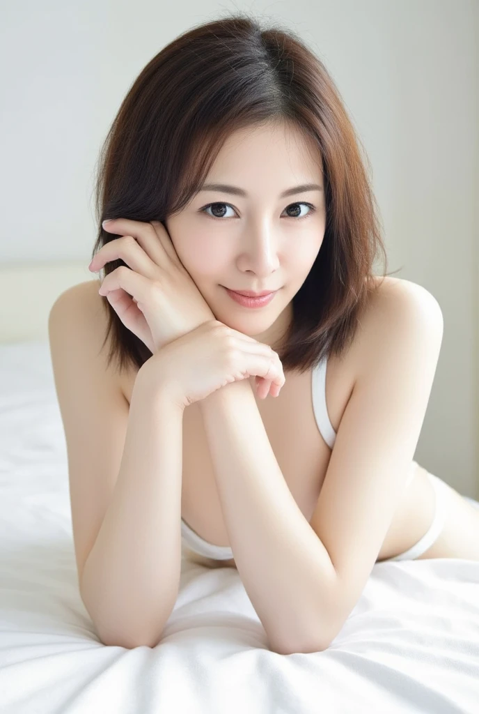 documentary color photo of half white japanese beautiful young woman smiling and lounging in bedroom in tokyo, well-formed face, detailed pale smooth skin without makeup, hair with bedhead, full-body, squatting and spread legs, wearing basic sleepwear, sharp focus, dramatic lighting, masterpiece, best quality, over 25 years old, from below, busty
