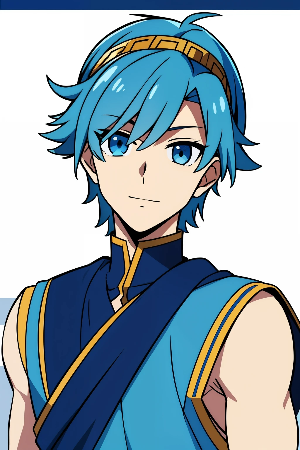 (high-quality, breathtaking),(expressive eyes, perfect face) 1boy, boy, solo, adult, light blue hair, blue coloured eyes, stylised hair, gentle smile, medium length hair, loose hair, side bangs, curley hair, really spiky hair, looking at viewer, portrait, ancient greek clothes, blue black and white tunic, white Chlamys, sleeveless, greek, blue and gold sash, music inspired background, related to Orpheus, hair accessory blue