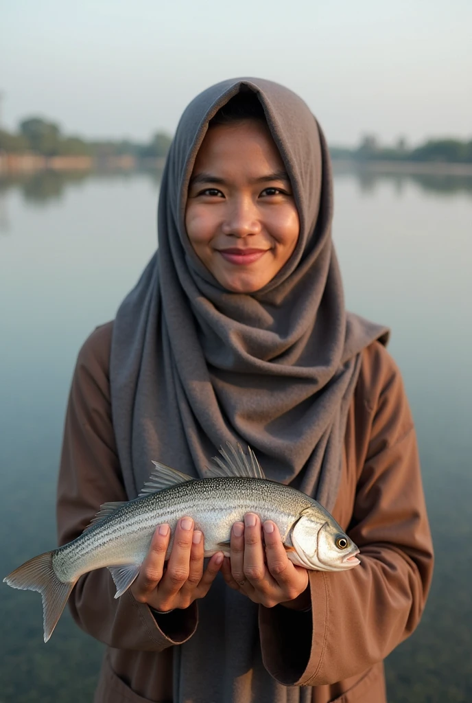 18 year old girl wearing a hijab, well-groomed white skin, eyes focused on the front, on a beach full of various kinds of fish, , and put in a transparent plastic basket, the texture of the fish looks authentic, there are also fish put in a bamboo basket, 4k photography, connection, joy of awakening, sea fishermen, excellent photo quality, indonesia, 1024×1024